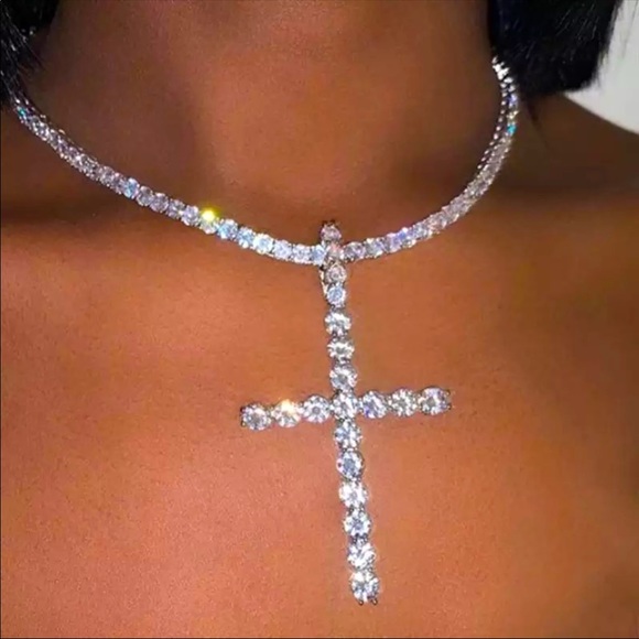 Glam Silver Large Cross Necklace - Picture 3 of 3